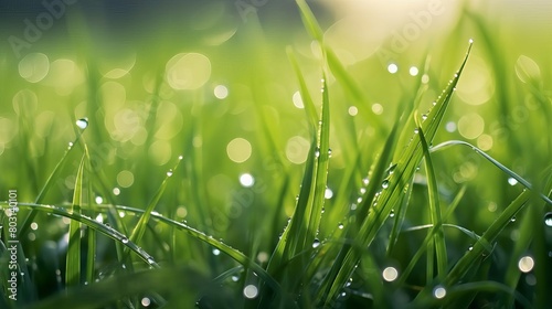 A closeup of dew drops on green grass at sunrise, with space for text on the side