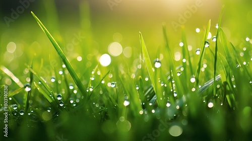 A closeup of dew drops on green grass at sunrise, with space for text on the side