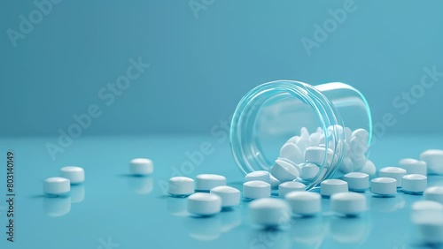 Glass bottle spilled white pills on blue surface photo