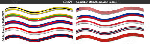 3D ASEAN Flag Ribbons set isolated on background. AEC ASEAN Economics Community vector waving flags. Brunei, Cambodia, Indonesia, Laos, Malaysia, Myanmar, Philippines, Singapore, Thailand, Vietnam.  photo