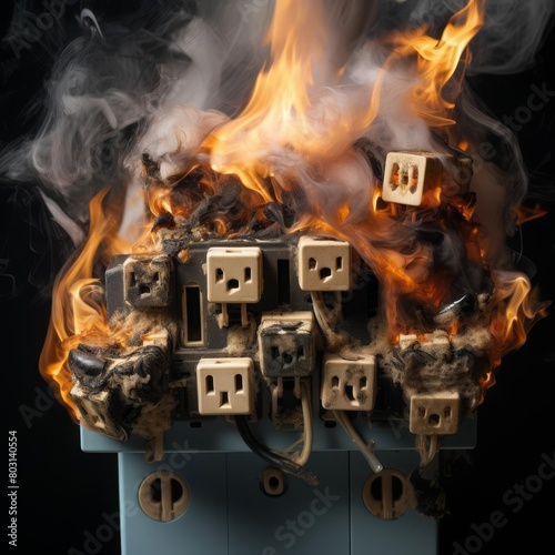 A detailed closeup of an overloaded electrical socket with multiple plugs, signaling fire hazard
