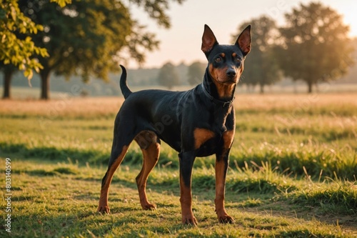 full body of German Pinscher dog on blurred countryside background  copy space