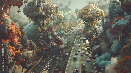 Futuristic cityscape with floating islands and lush greenery above congested highway photo