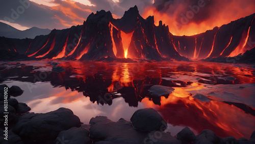 Visuals of a tranquil lake of liquid lava, with molten magma shimmering and bubbling in shades of intense crimson, smoldering maroon, and fiery amber, casting an ethereal glow ULTRA HD 8K