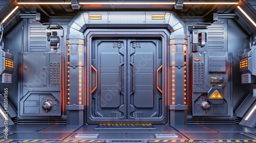 In the interior of a spaceship hallway, there is a metal door and sliding gates with an opening ajar that could be either the entrance to a shuttle or secret laboratory, a futuristic bunker, and photo
