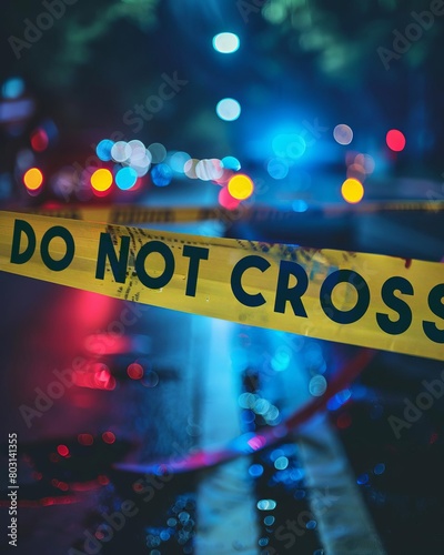 Closeup of yellow crime scene tape with bold DO NOT CROSS text, against a blurred background of police lights and nighttime investigation
