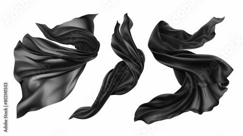 Billowing velvet clothes, curtains and scarf in the wind. Luxury black textile drapery, flowing satin tissue.