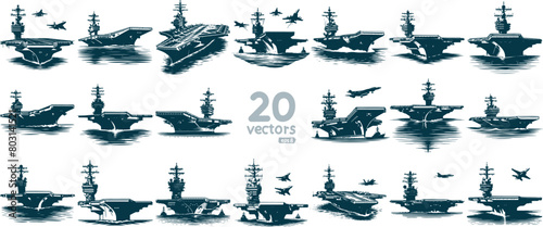 modern aircraft carrier sailing in a simple vector stencil illustration collection photo