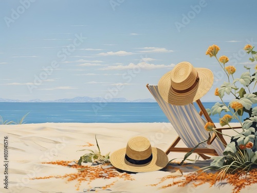 A peaceful beach scene with a straw hat and sunglasses on the sand  evoking summer and relaxation
