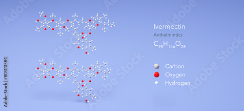 ivermectin molecule, molecular structures, antiparasitic drug, 3d model, Structural Chemical Formula and Atoms with Color Coding photo