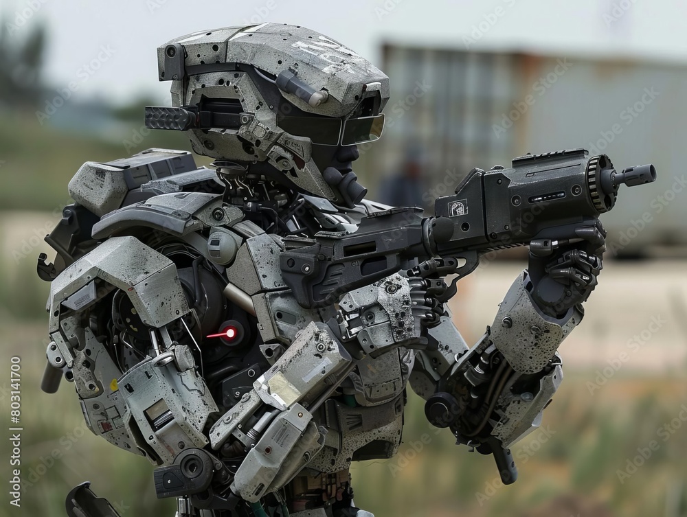 Robot in a military training ground, patching bullet holes in its armor autonomously during a live fire exercise Robot in a military training ground, patching bullet holes in its armor autonomously during a live fire exercise
