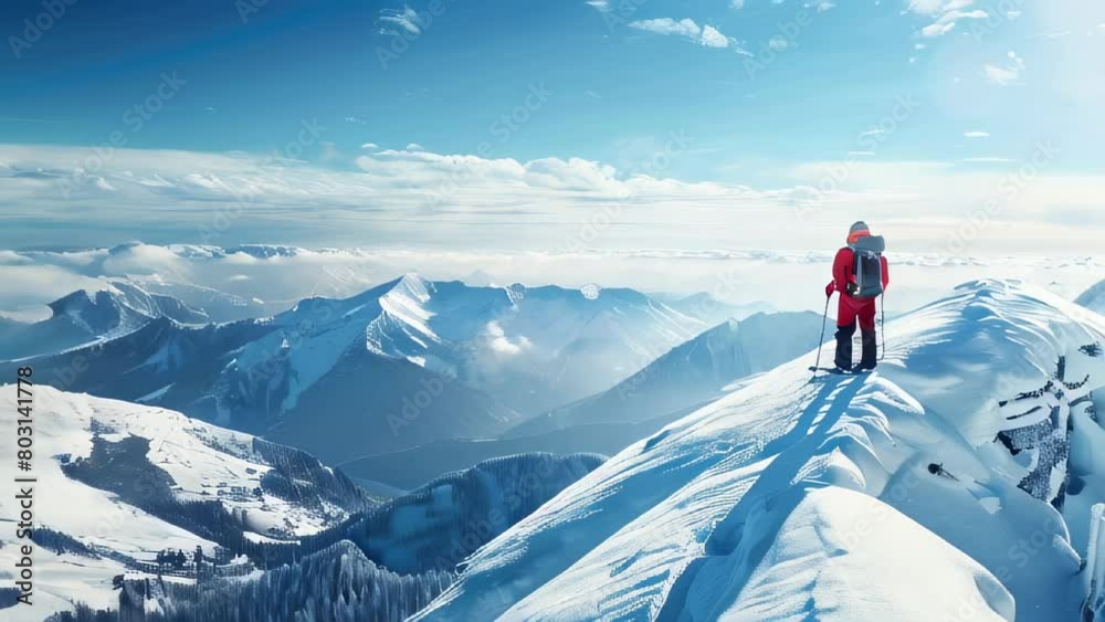Climber on snowy ridge overlooking mountain range
