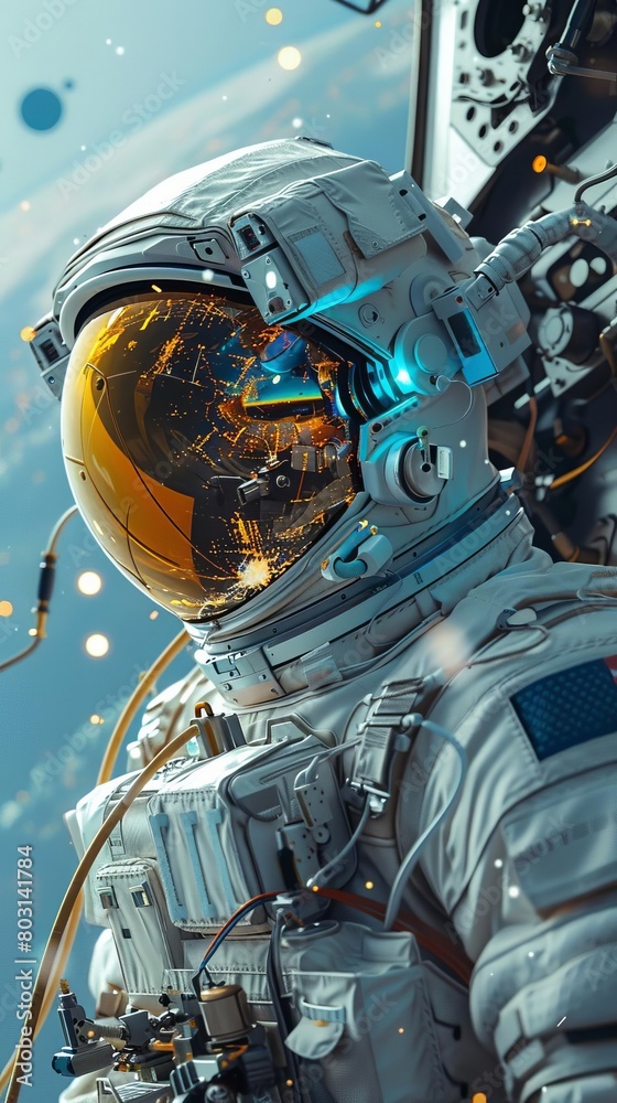 Fototapeta premium Self repairing robot on a space mission, fixing its communication module while orbiting Earth