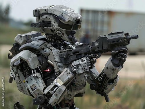 Robot in a military training ground, patching bullet holes in its armor autonomously during a live fire exercise