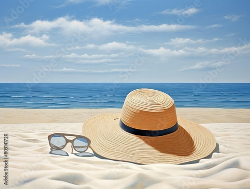 A peaceful beach scene with a straw hat and sunglasses on the sand  evoking summer and relaxation