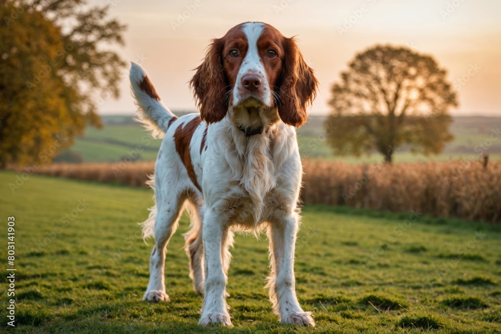 full body of Irish Red and White Setter dog on blurred countryside background, copy space