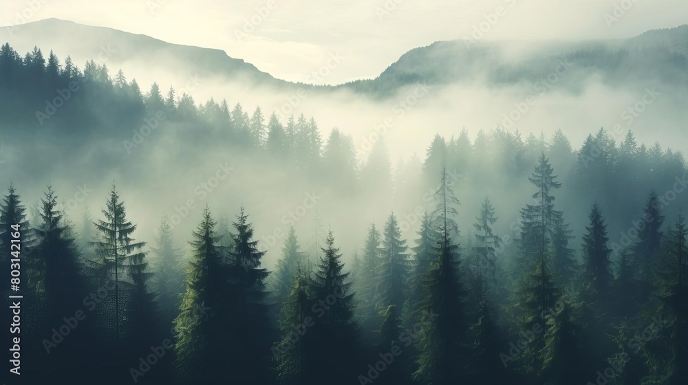 A scenic landscape of a misty forest in early morning light, with fog and copy space