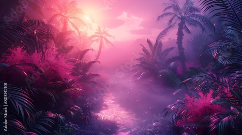Create a vibrant alien world with fluorescent plant life and misty  ethereal atmospheres that evoke a sense of mystery and wonder.