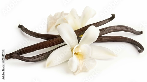 Elegant layout of several vanilla beans crossed over blooming orchid flowers.