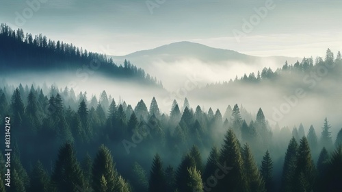 A scenic landscape of a misty forest in early morning light, with fog and copy space