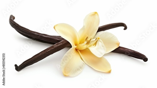 A vibrant yellow lily flower with three dark brown vanilla pods on a white background.