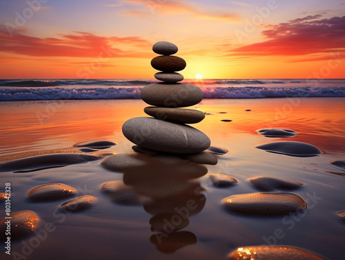 A serene beach scene with smooth pebbles stacked in the foreground, sunset in the background