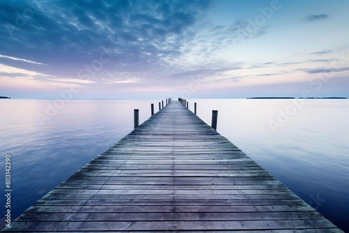 A serene coastal scene with a single wooden pier extending into a calm ocean at dawn, space for text