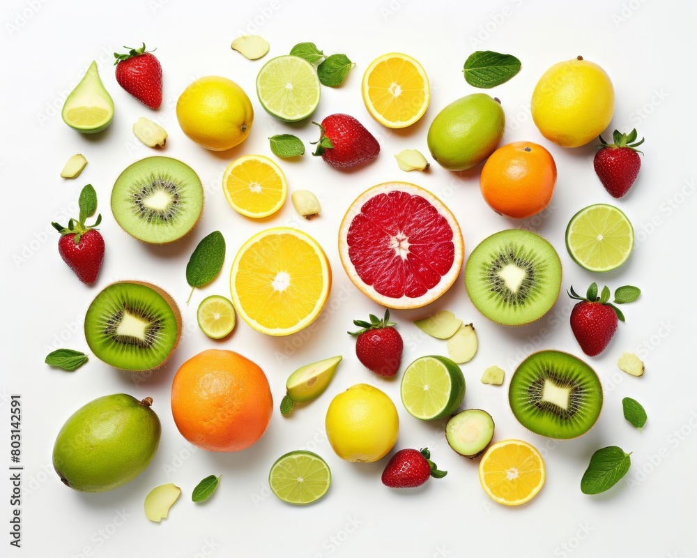 A vibrant flat lay of assorted tropical fruits on a bright white background, ideal for a healthy lifestyle theme A vibrant flat lay of assorted tropical fruits on a bright white background, ideal for a healthy lifestyle theme