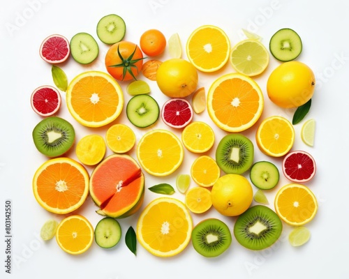 A vibrant flat lay of assorted tropical fruits on a bright white background, ideal for a healthy lifestyle theme