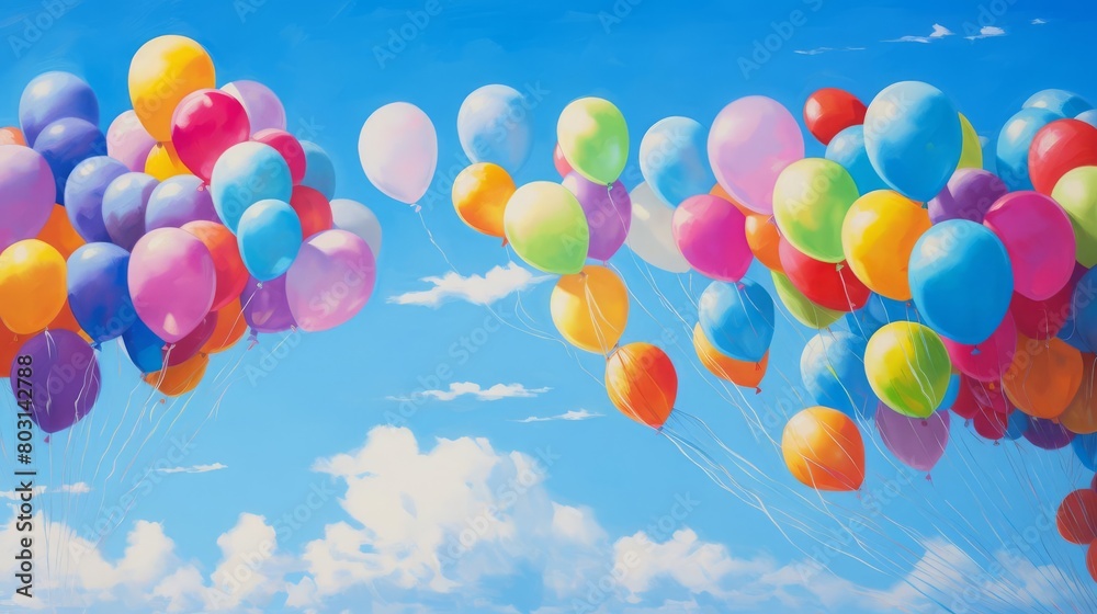 A vibrant scene of colorful balloons flying against a clear blue sky, cheerful and bright