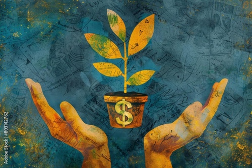 An illustration depicting a concept of financial growth, with hands nurturing a small plant in the shape of a dollar sign