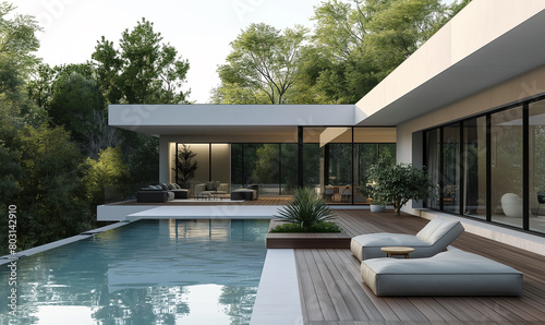3d rendering, modern minimalist villa with pool, interior design, white walls and wood flooring, courtyard garden with trees © 수동 김
