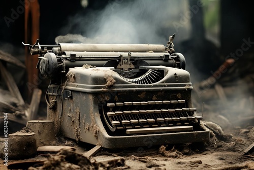 A vintage typewriter with jammed keys, covered in dust, sitting unused photo