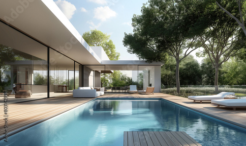 3d rendering, modern minimalist villa with pool, interior design, white walls and wood flooring, courtyard garden with trees © 수동 김