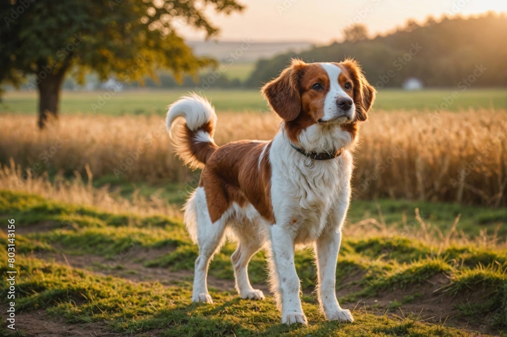 full body of Kooikerhondje dog on blurred countryside background, copy space