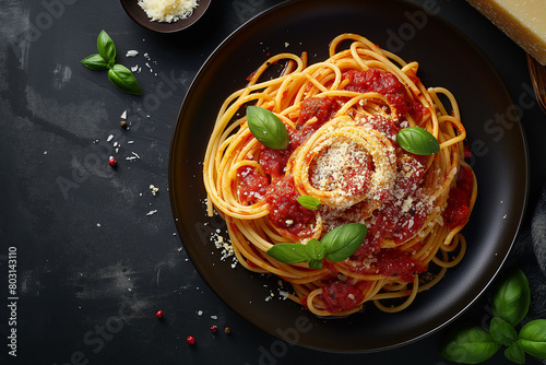 Pasta with tomato sauce and parmesan on dark background  top view. Italian food concept