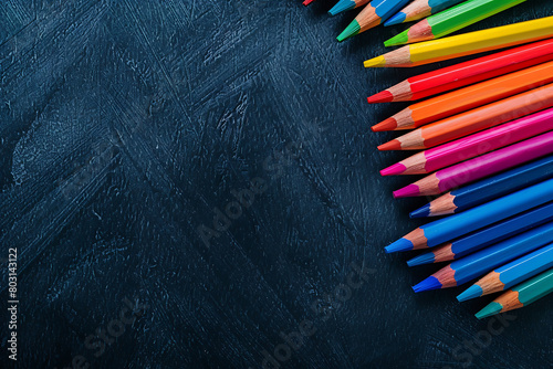 Black background with rainbow pride and colored pencil crayons in a flat lay, top view, in the style of copy space concept.