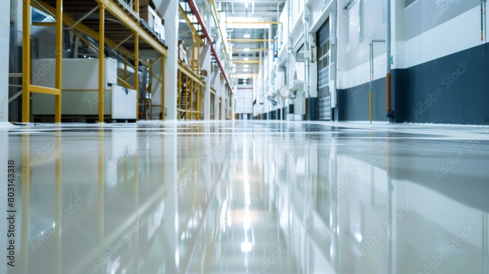 Low angle view of a shiny self-leveling floor in a modern industrial warehouse.