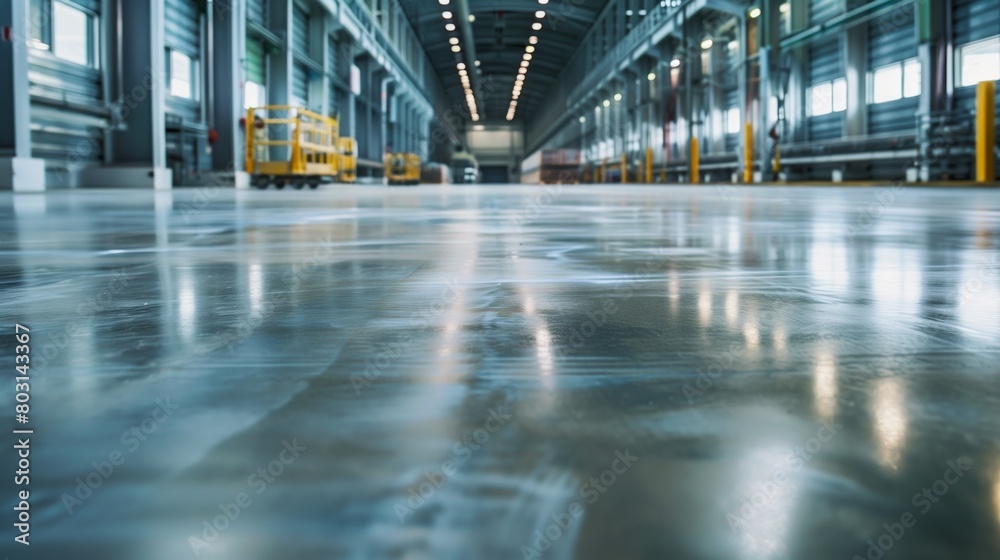 Polished self-leveling floor in a large industrial warehouse, with reflective surface and vehicles. Polished self-leveling floor in a large industrial warehouse, with reflective surface and vehicles.