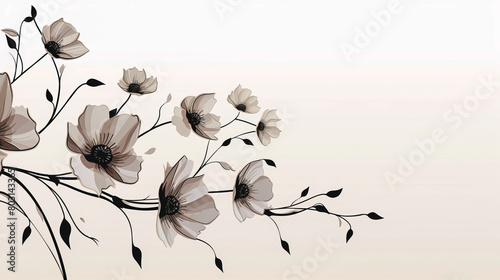 Floral background with place for text. Black flowers on a white background.