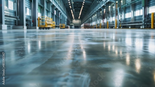 Polished self-leveling floor in a large industrial warehouse  with reflective surface and vehicles.