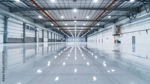 Large empty industrial warehouse with shiny self-leveling epoxy floor and modern lights.
