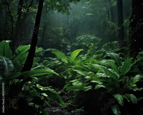 Atmospheric image of a patch of Biophytum plants with their sensitive leaves  responding to the tropical rain