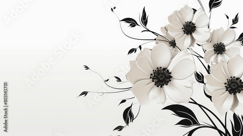 Floral background with place for text. Black flowers on a white background.