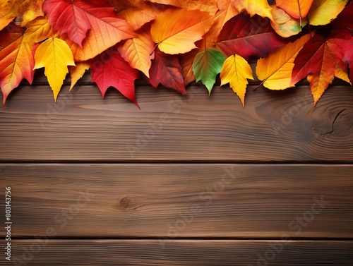 Brightly colored autumn leaves scattered on a wooden table, with ample copy space for text