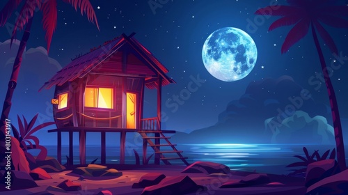 Typical tropical island beach hut, summer shack with glowing window at ocean coastline under full moon, wooden house on piles with terrace, cartoon modern illustration.