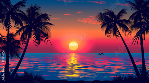 Tropical paradise awaits as the fiery sun dips below the horizon 