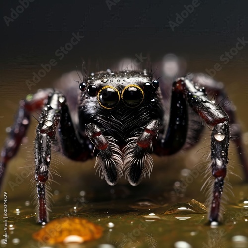 Closeup of a dewcovered spider on a dark background, emphasizing the delicate water droplets on its web photo