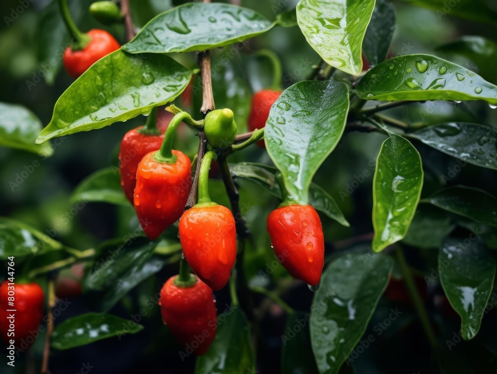 Closeup of a small Capsicum pepper plant growing wild in the Amazon, showing vibrant fruit against green leaves