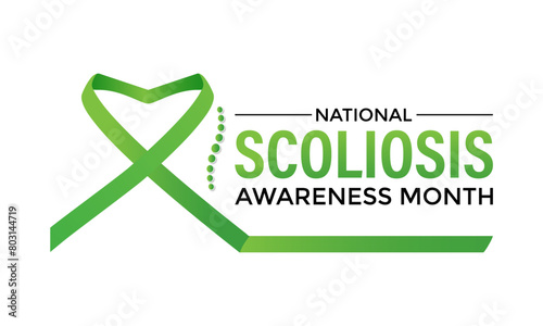 Vector illustration on the theme of National Scoliosis awareness month observed each year in June. Green ribbon with human body design illustration. Banner poster, flyer and background design.
